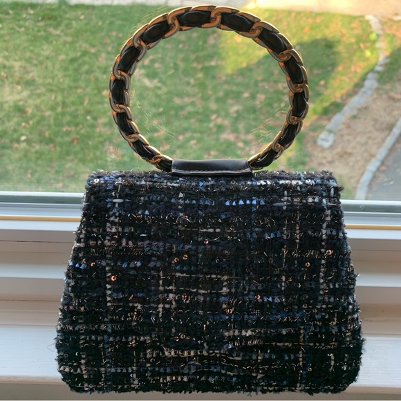 Mini Tweed Blue Black White Fabric Gold Chain Link Shoulder Handbag - Picture 3 of 14